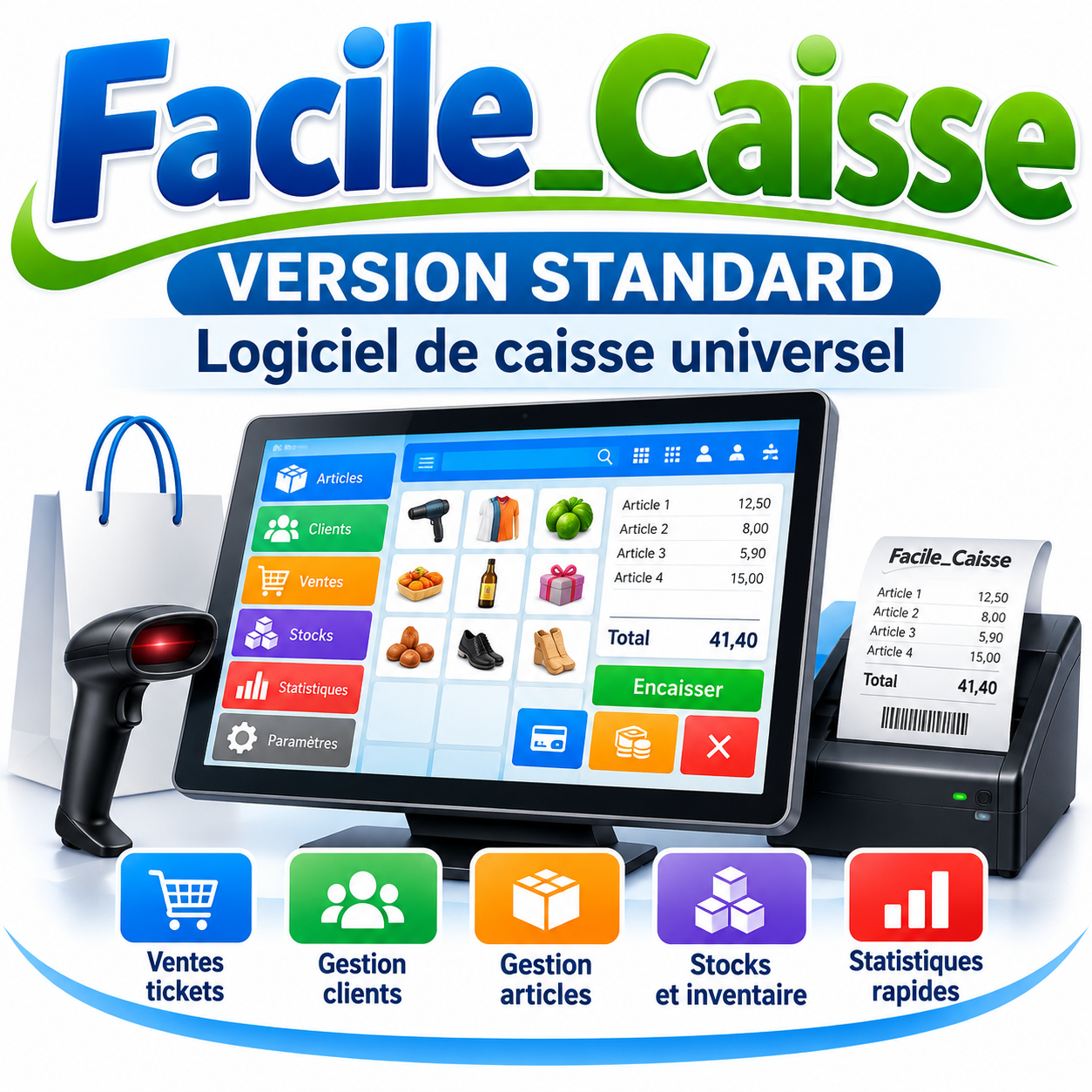 Facile_Caisse Version Standard : logiciel de caisse universel avec écran tactile, lecteur code-barres et imprimante ticket
