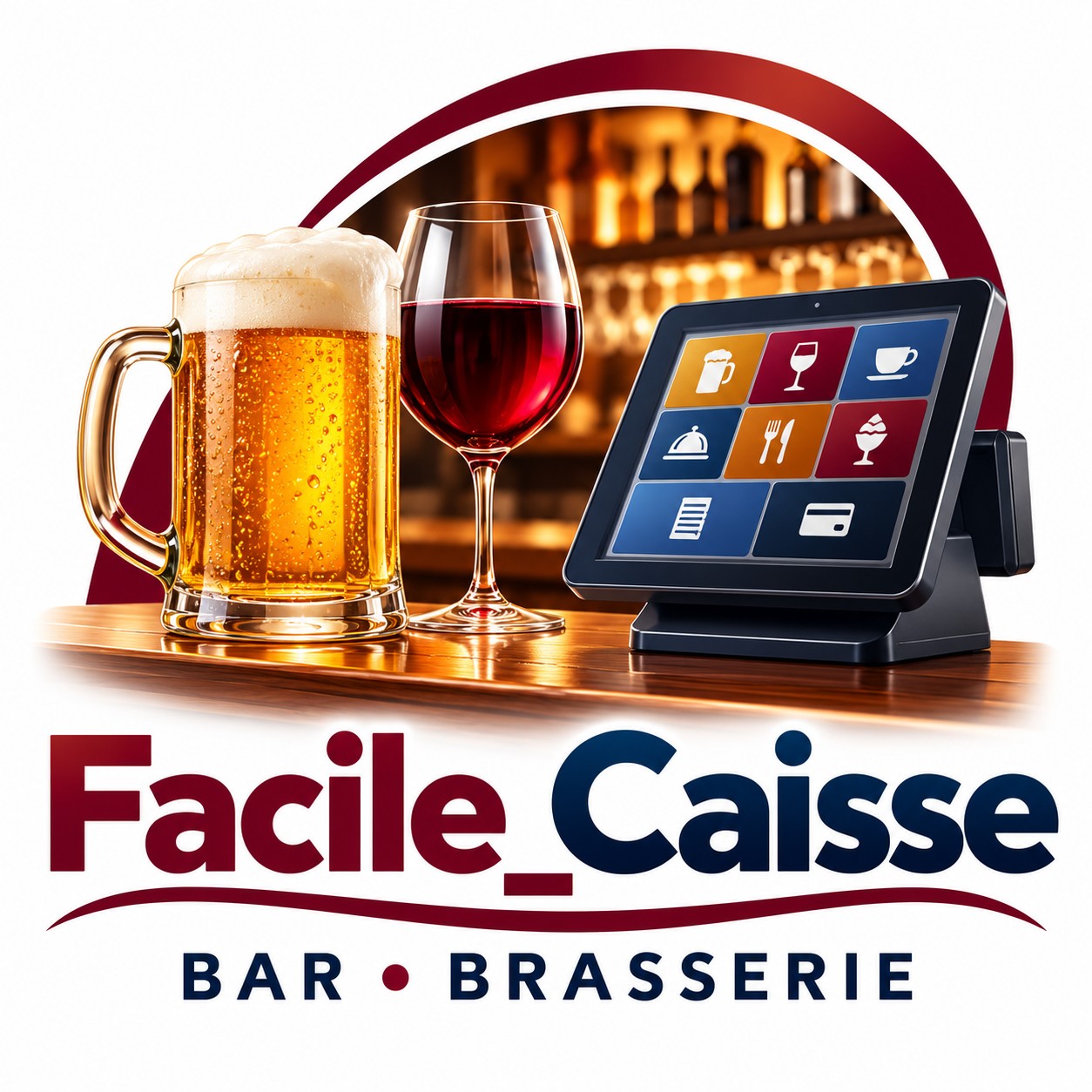 Logo Facile_Caisse Bar Brasserie : bière, verre de vin et caisse tactile