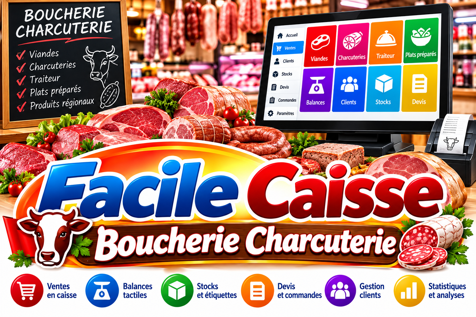 Facile_Caisse, logiciel de caisse pour boucherie et charcuterie, avec écran tactile et produits de boucherie