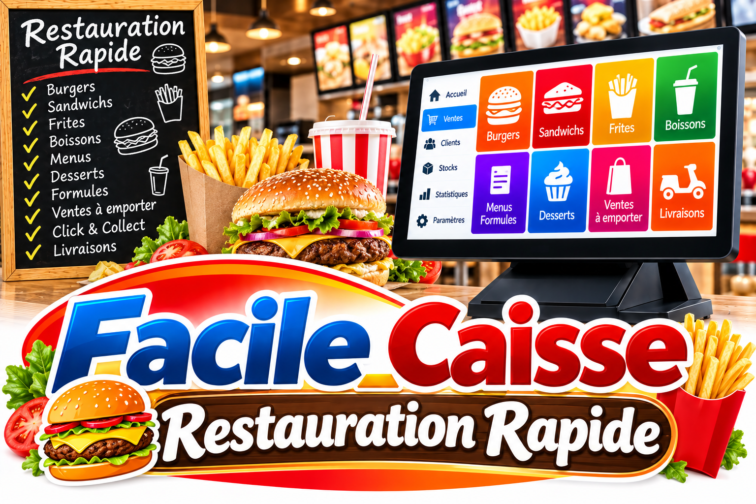 Facile_Caisse Restauration Rapide : logiciel de caisse pour fast-food, burgers, sandwiches et livraisons