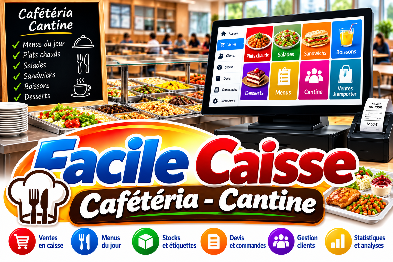 Facile_Caisse cafétéria cantine : buffet, plats, écran de caisse tactile et menus