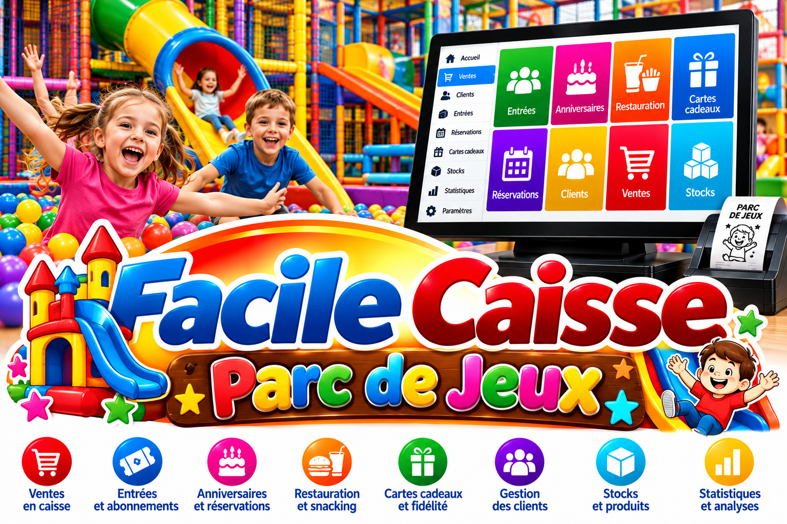 Facile_Caisse, logiciel de caisse pour parc de jeux : entrées, anniversaires, restauration et gestion des ventes