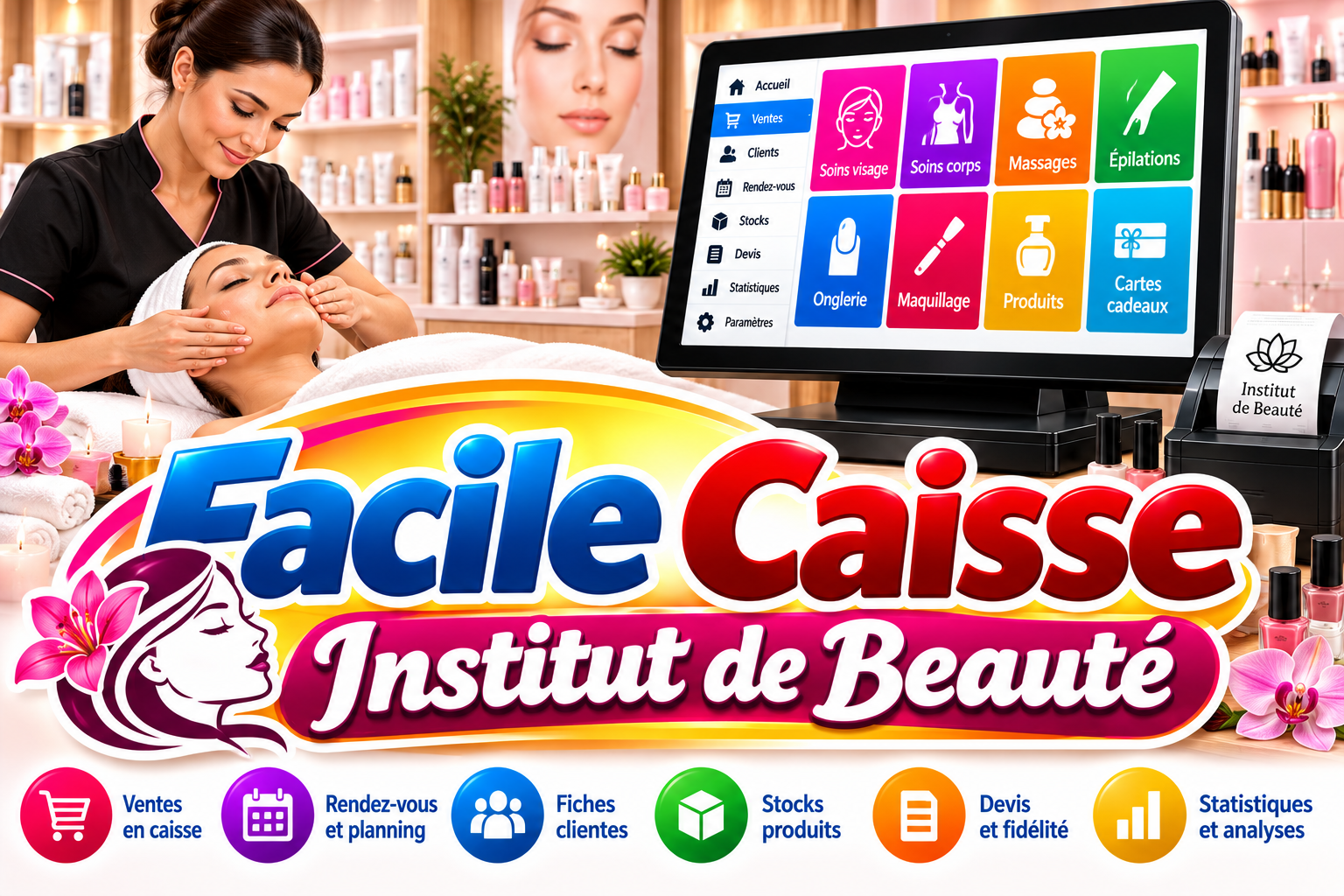 Facile Caisse institut de beauté : soins du visage, logiciel de caisse tactile et produits cosmétiques