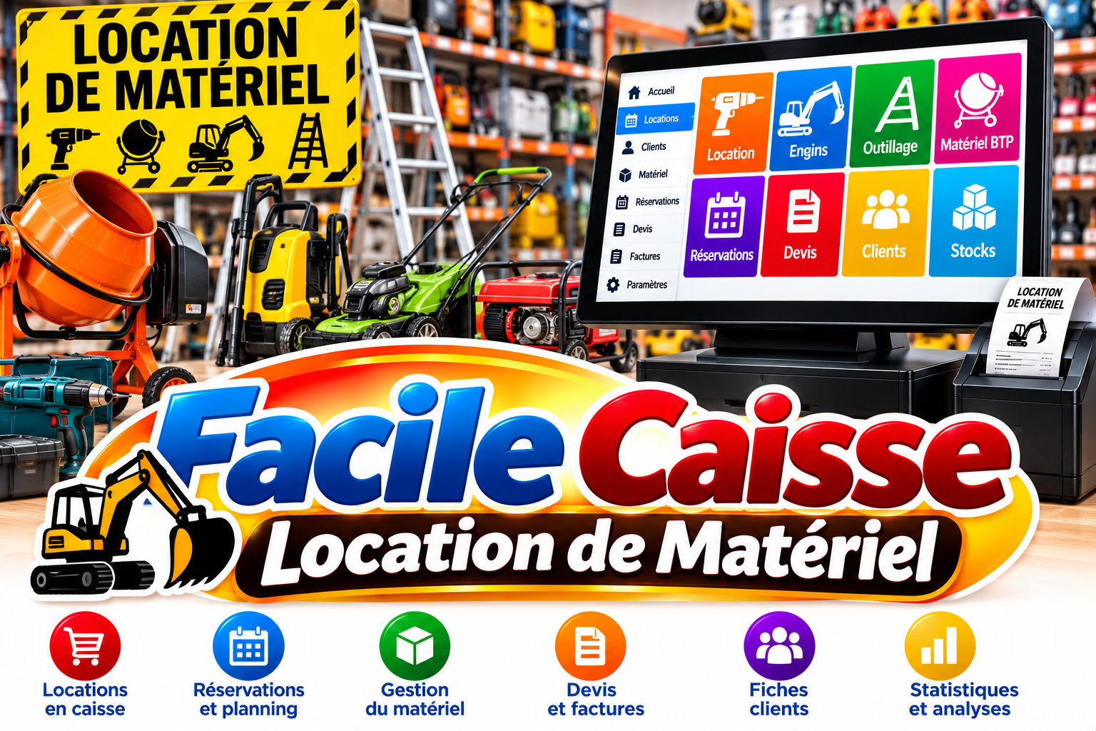Facile_Caisse : logiciel de caisse pour la location de matériel, avec matériel professionnel et terminal tactile