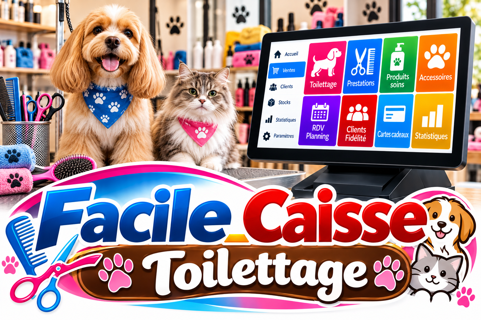 Logo Facile_Caisse Toilettage avec chien, chat et caisse tactile